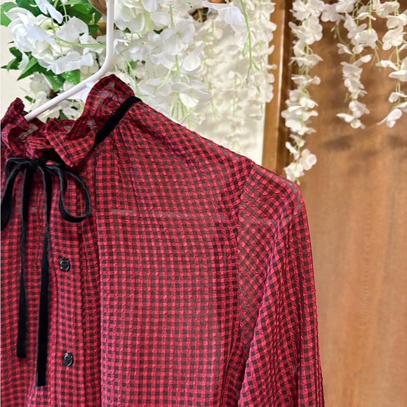 Ganni Red & Black Check Seersucker Tie Neck Shirt ♥️ - Picture 9 of 15